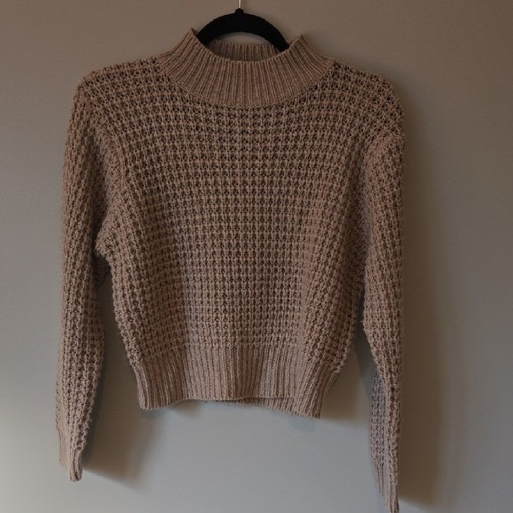 Poof Apparel Womens Crop Tan Beige Mock Neck Chunky Waffle Knit Sweater Size M